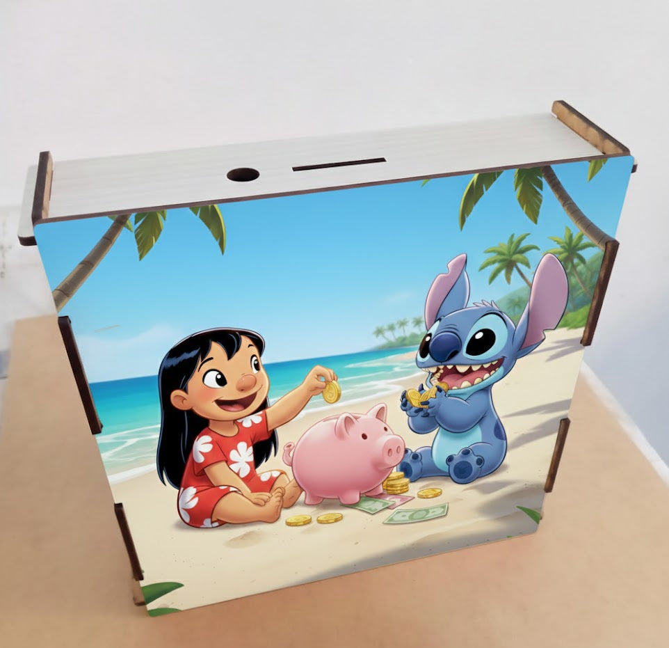 Alcancía de Madera con Metas de Ahorro | LILO Y STITCH